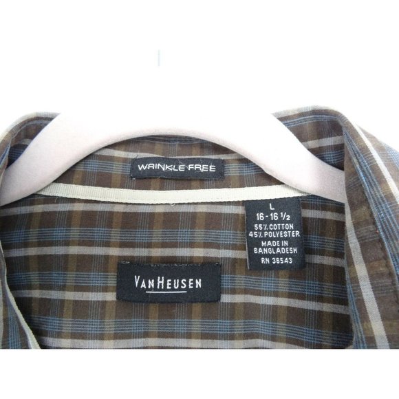 Van Heusen Dress Shirt Button Up Size Large 16 -16 1/2 Brown Plaid Long Sleeve - Picture 5 of 6